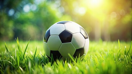 Fototapeta premium Soccer ball resting on lush green grass, football, sports, play, outdoor, recreation, athletics, leisure, exercise