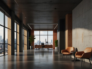 Modern wooden and concrete office hallway interior with furniture window with city view and daylight 3D Rendering