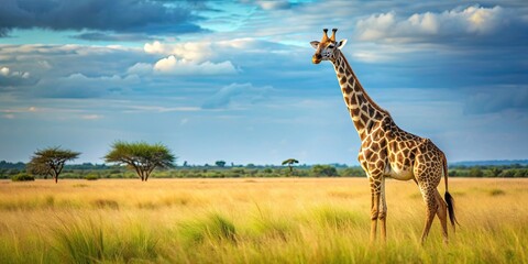 Obraz premium Majestic giraffe in its natural habitat, standing tall and graceful amidst the African savanna, wildlife, giraffe, nature