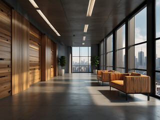Modern wooden and concrete office hallway interior with furniture window with city view and daylight 3D Rendering