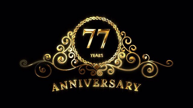 77th Anniversary Celebration. Happy 77 Years Anniversary Animation in Gold Color on the Transparent Background, Alpha Channel. Great for greetings, celebrations, events, and gifts.