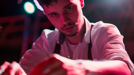 Talent show contestant with a poker face performing on stage with an expressionless demeanor captivating the audience with their mysterious and serious presence