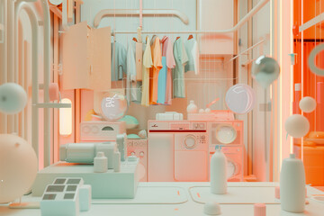 Modern luxury minimalist wardrobe walk in closet interior with abstract geometry surreal futuristic design pastel color. Neatly organized clothing and accessories.