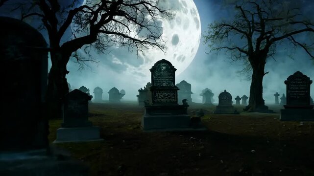 Old rickety tombstones in an abandoned cemetery under the full moon. Halloween background.