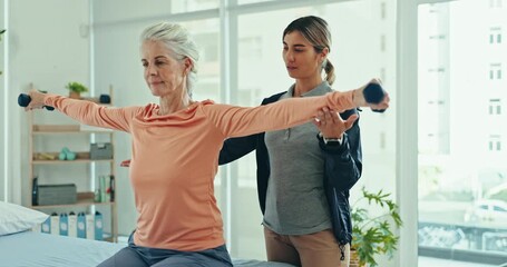 Physical therapy, rehabilitation or old woman doing dumbbell arm exercise, recovery workout or healing client joint pain. Arthritis support, medical patient and physiotherapist test shoulder mobility - Powered by Adobe