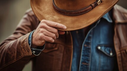A cowboy subtly tips his hat while wearing a leather jacket and denim shirt, showcasing a moment of respect in a rural environment as the sun sets.