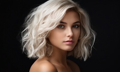 Fototapeta premium Beautiful blonde woman with white hair in bob style, isolated on black background
