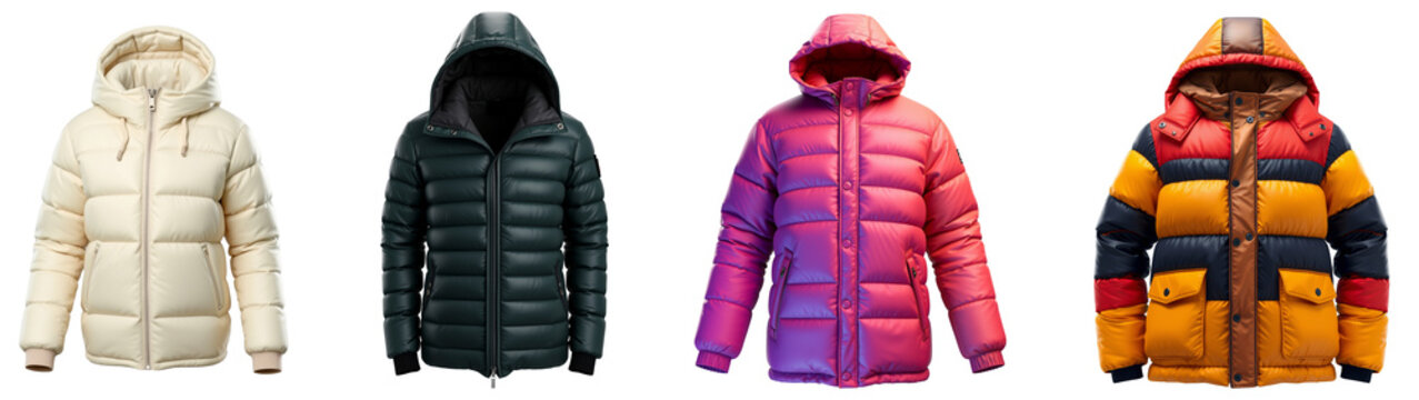 set of hooded long sleeve puffer jackets isolated on transparent background.generative AI