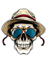 Fototapeta premium skull head with sun glasses and hat on white background illustration