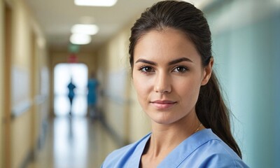 Portrait of young woman nurse at hospital corridor