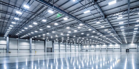 Energy efficient LED lighting illuminating a factory floor, industrial, bright, energy saving