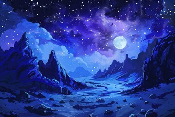 Nighttime Mountain Landscape with Full Moon and Stars