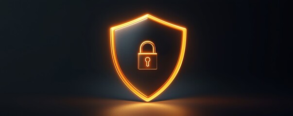 Glowing shield with lock icon on dark background representing cybersecurity, protection, and data privacy.