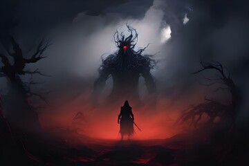 Fototapeta premium A demon from legends, a dark and terrifying background