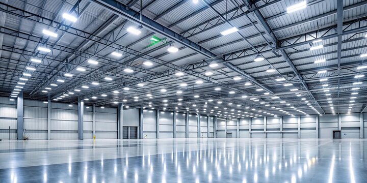 Energy efficient LED lighting illuminating a factory floor, industrial, bright, energy saving