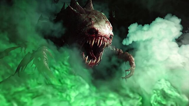 Pulling back from of a scary hell demon with dripping sharp fangs as green smoke billows around it for Halloween meme.