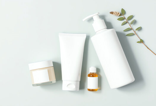 blank cosmetic products branding mockup concept with white pump bottle with herbal liquid soap, essential oil container. Minimalist flat lay style set