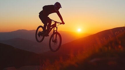 Obraz premium Mountain Biker Soaring Through Sunset Lit Hills in Epic Jump