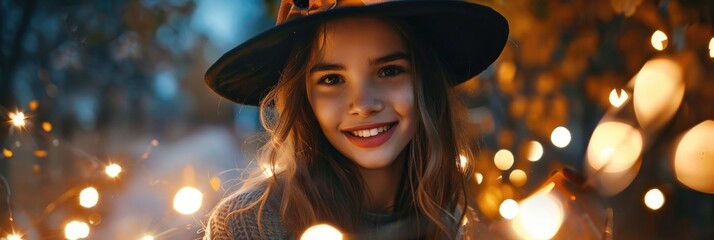 Fototapeta premium Captivating tutorial featuring cheerful young individual in a witch hat casting spells with a wand during a festive celebration, enjoying the playful spirit of Halloween.