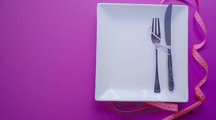 iron fork and knife wrapped in a measuring tape next to empty white square ceramic plate on purple background