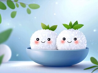 Rice balls in a bowl with cute cartoon smiling faces and a blue background. 
