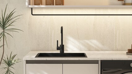 Black quartz kitchen sink on white terrazzo cabinet counter and cupboard in sunlight, tropical...