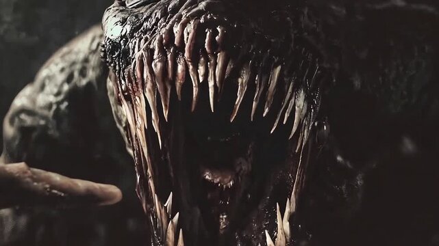 Pushing towards the mouth of a scary hell demon with dripping sharp fangs for Halloween meme.