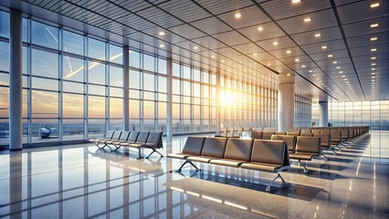 A serene and modern rendering of an empty airport terminal bathed in soft light, tranquility, mesmerizing, rendering
