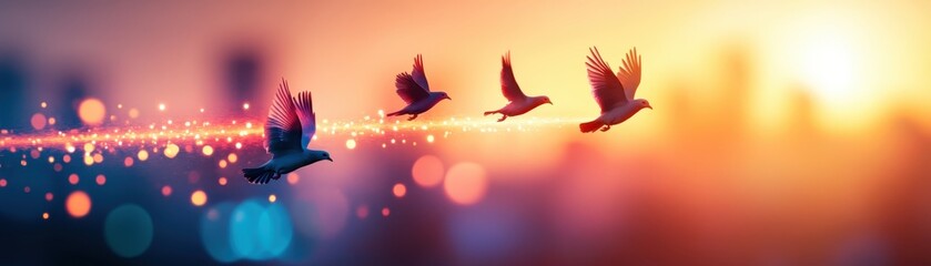 Fototapeta premium Hopeful Illumination - Glowing Light Beams and Watercolor Doves in Motion Illustration with Copy Space for Text