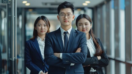 Asian professional successful two male businessmen partnership dealer and customer in formal business suit standing posing with female secretaries in