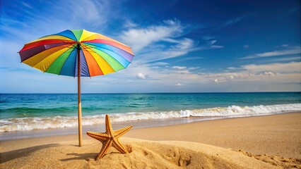 Fototapeta premium Colorful beach umbrella with wooden sign and starfish on sandy beach , beach, umbrella, colorful, wooden sign