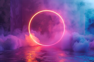 Abstract neon light circle with pink and blue fog.