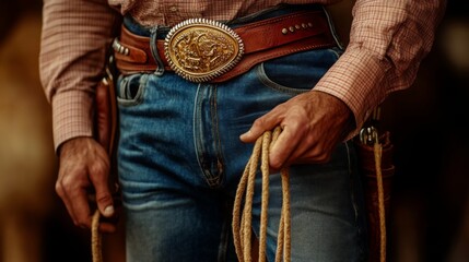 A cowboy stands in a barn, gripping lassos, dressed in denim jeans and a checked shirt, ready for a rodeo event, surrounded by rustic decor.