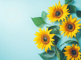Obraz premium Beautiful sunflowers and green leaves in a light blue background, representing the beauty of nature in the autumn or summer season.