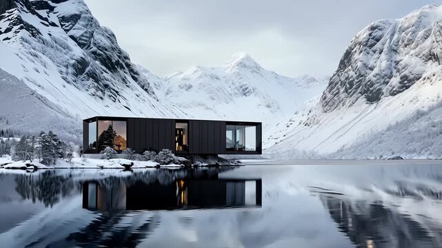 Modern cabin by a lake in winter with a snowy landscape