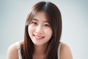 Beautifull Asian Young Woman Smiling and Laughing, Blank White and Blue, Business Woman Attractive Smile