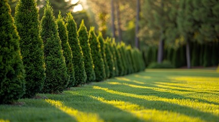 Fototapeta premium fertilizer sprayer,a row of thujas on green lawn spraying thuja trees against plant diseases,pests concept.