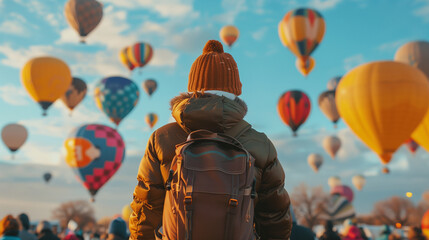 Traveler Watching Colorful Hot Air Balloons at Sunrise Festival

