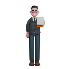 3D Educational Practitioner. A man in formal attire is standing while holding a stack of papers or documents in his hand. Male Teacher