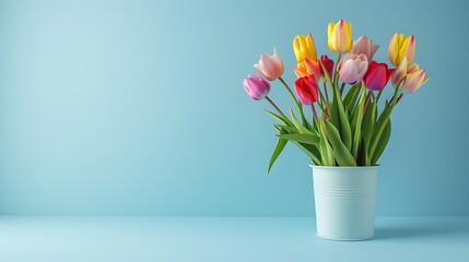 Multicolored tulips in a vase on blue background