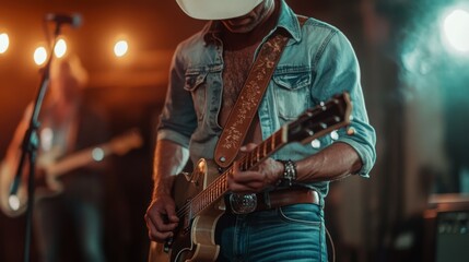 A country musician plays electric guitar while wearing a cowboy hat and denim in a cozy, dimly lit venue filled with warm light.
