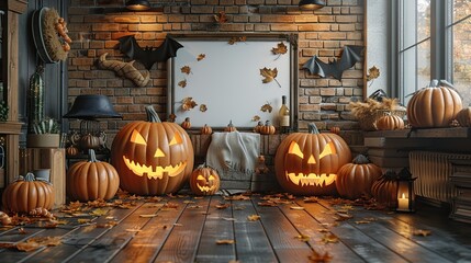Obraz premium jack o lantern halloween decorations,blank picture frame on brick tile wall background with bats happy halloween concept.