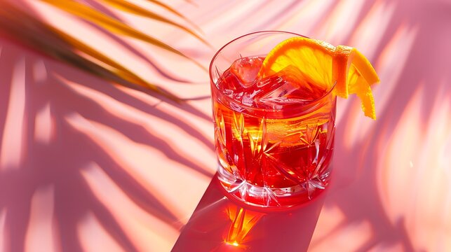 Negroni cocktail over pink background Drink in rox glass in daylight with palm leaf hard shadow