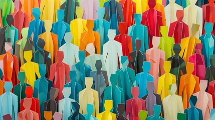 Vibrant and Diverse Community of Paper Figures Representing Unity Diversity and Inclusion with Colorful Shapes and Sizes, Symbolizing Harmony Among Individuals of Different Backgrounds