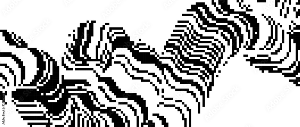 Poster Pixelated undulate wave shape. Black dither flowing textured background. Dotted fluid curvy form for banner, poster, leaflet, brochure. Abstract rasterized squiggle overlay wallpaper. Vector backdrop