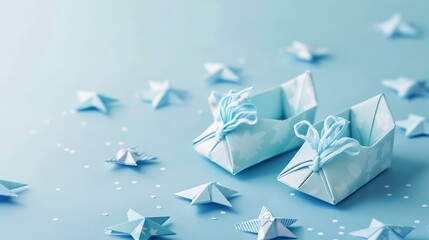 Paper boat baby booties and small present on light blue background