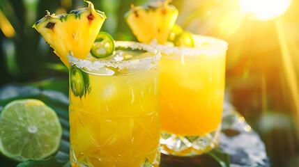 Pineapple jalapeno margarita alcoholic cocktail in two glasses served under the summer sun light