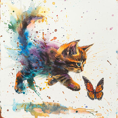 Naklejka premium Watercolor Painting of a Kitten Chasing a Butterfly