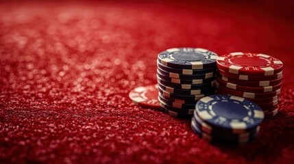 Red Velvet and Chips: A close-up shot of a stack of colorful poker chips on a luxurious red felt table,  a captivating image evocative of the thrill of high-stakes gaming.  Close-up of poker chips and