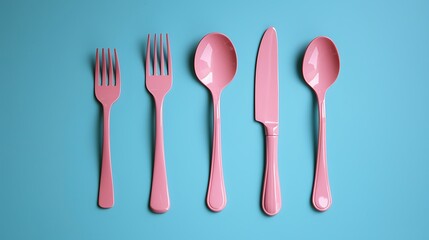 Pink Cutlery Knife Fork Spoon Assorted Kitchen Utensils Set Kitsch Blue Background